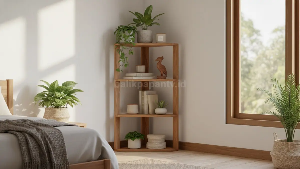 Rak sudut vertikal memanfaatkan area kosong kamar menjadi penyimpanan praktis tanpa membuat ruangan terasa sempit. (BTV/AI)
