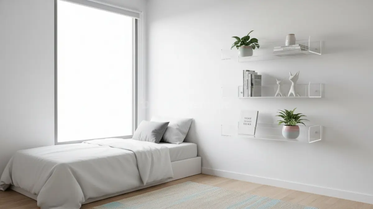 Rak tempel acrylic transparan membuat kamar sempit terasa ringan, modern, dan tetap rapi setiap saat. (BTV/AI)

