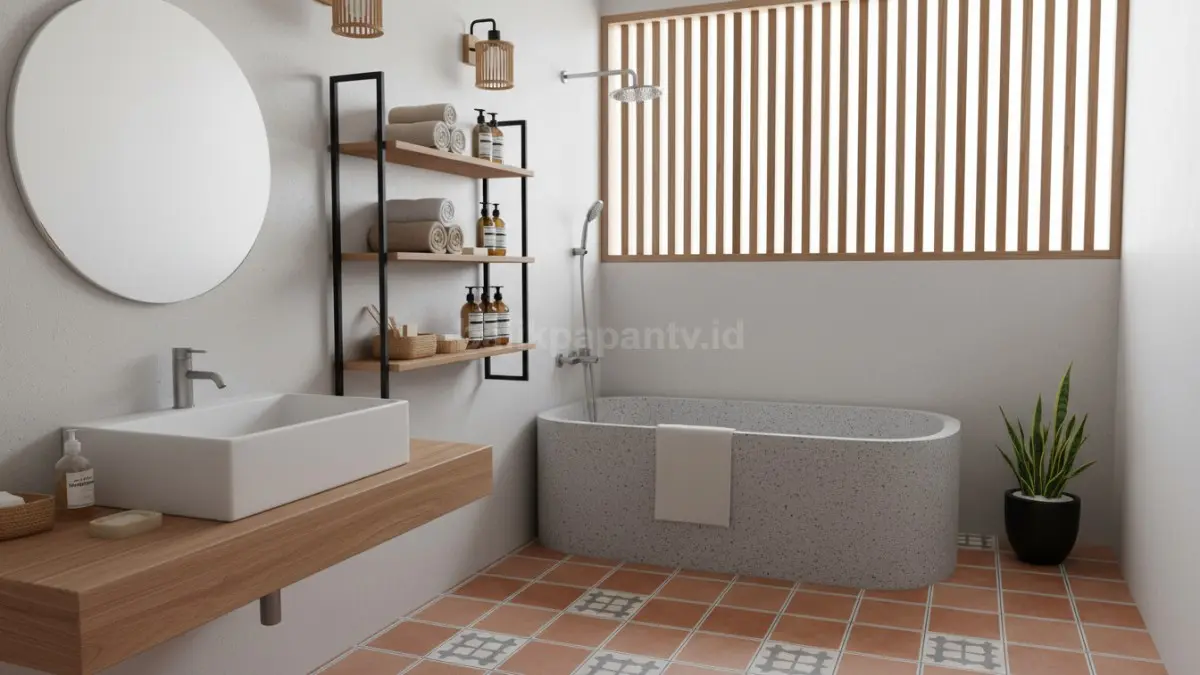 Rak terbuka praktis menyimpan perlengkapan mandi, membuat kamar mandi kecil terasa ringan, rapi, dan modern visualnya.