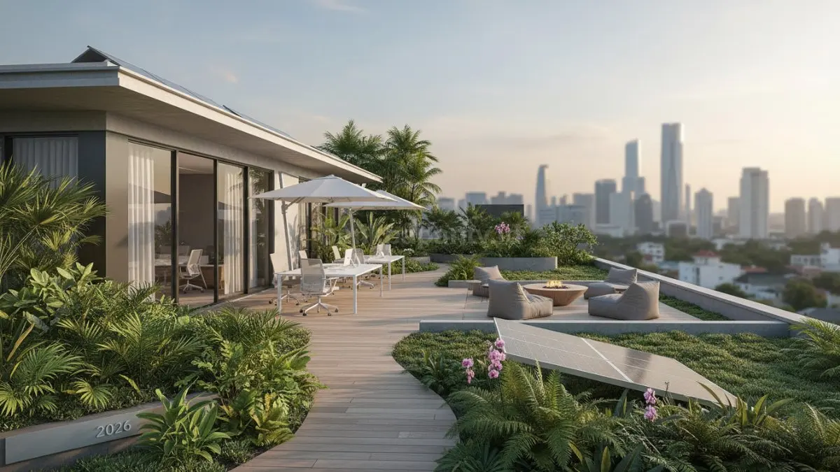 Rooftop Space sebagai taman komunitas dengan tanaman tropis dan ruang duduk. (BTV/Ai)