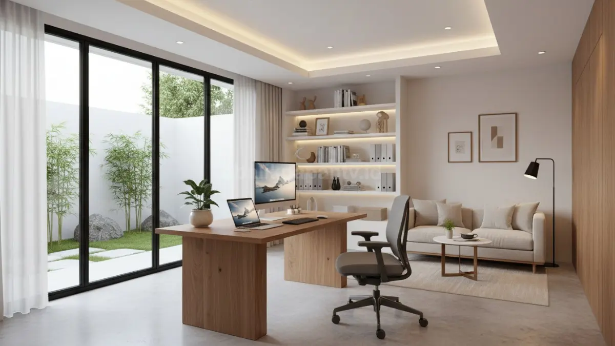 Ruang kerja hybrid di rumah dengan meja minimalis, kursi ergonomis, dan pencahayaan alami dari jendela.. (BTV/Ai)
