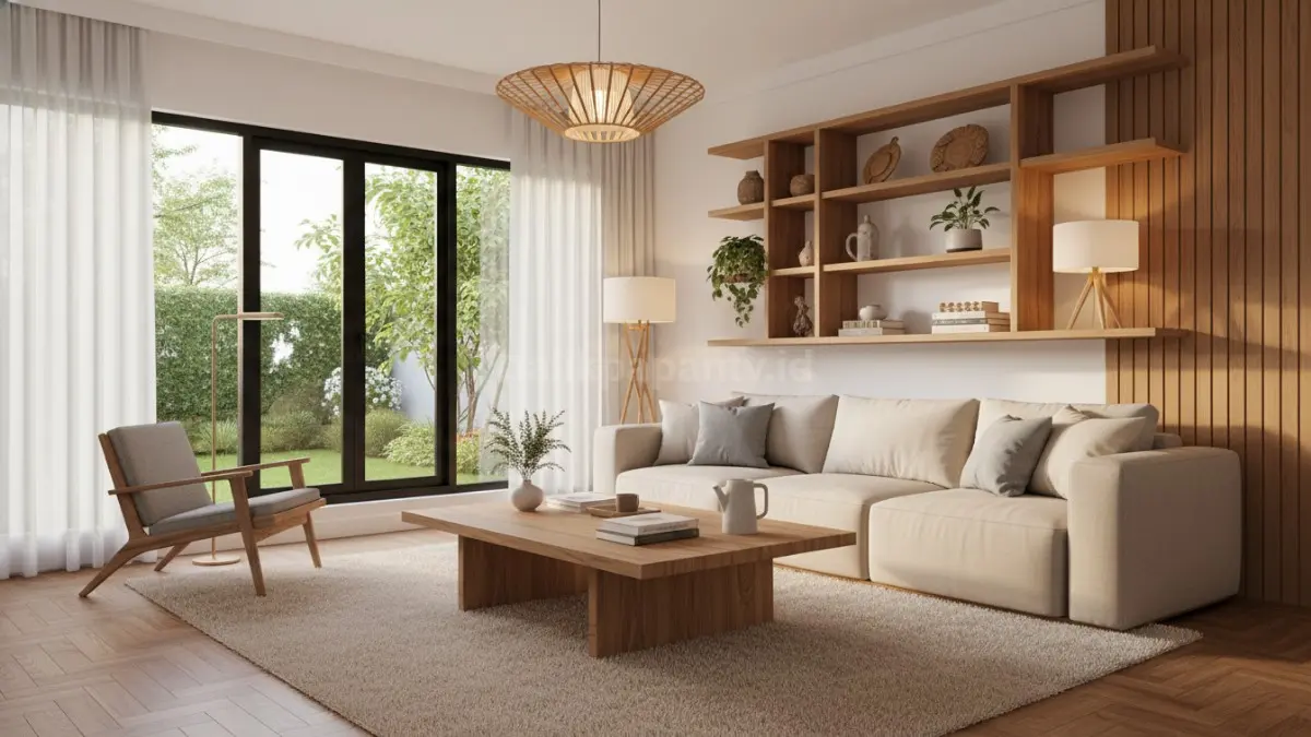 Ruang tamu Japandi 2026 dengan sofa krem, kayu natural, dan pencahayaan hangat yang estetik modern (BTV/Ai)