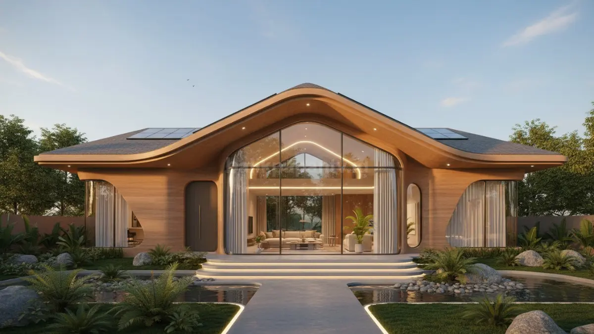 Rumah minimalis futuristik 2026 tampil modern dengan fasad organik dan pencahayaan alami hangat di ruang keluarga. (bTV/AI)
