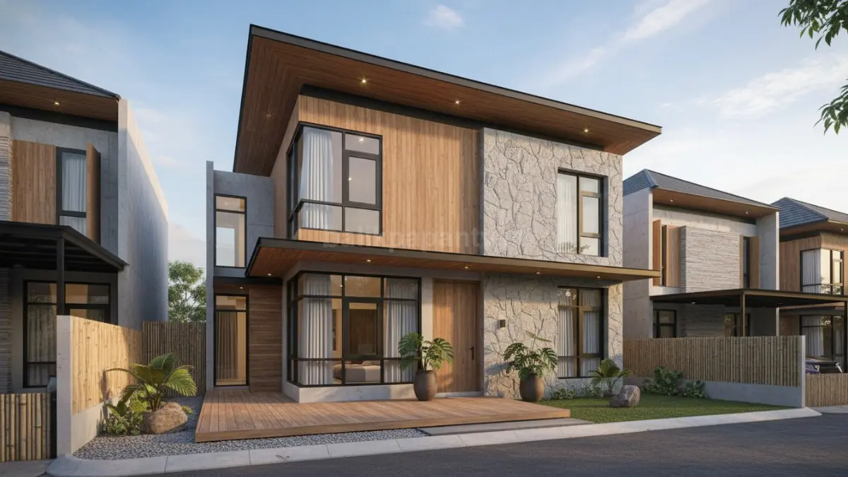 Rumah modern tropis memakai kombinasi kayu, batu alam, dan beton ekspos dengan pencahayaan alami hangat. (BTV/Ai)