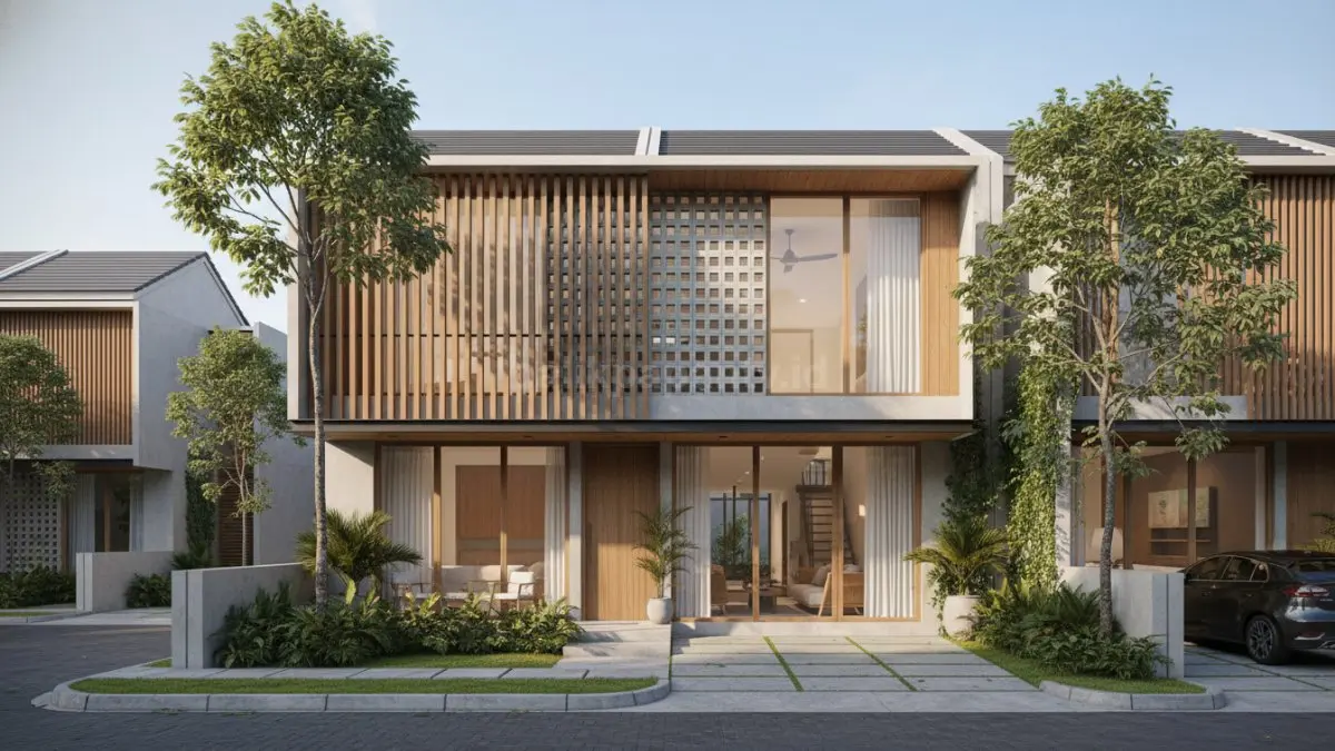 Secondary skin pada fasad rumah minimalis membantu mengurangi panas matahari siang. (BTV/Ai)