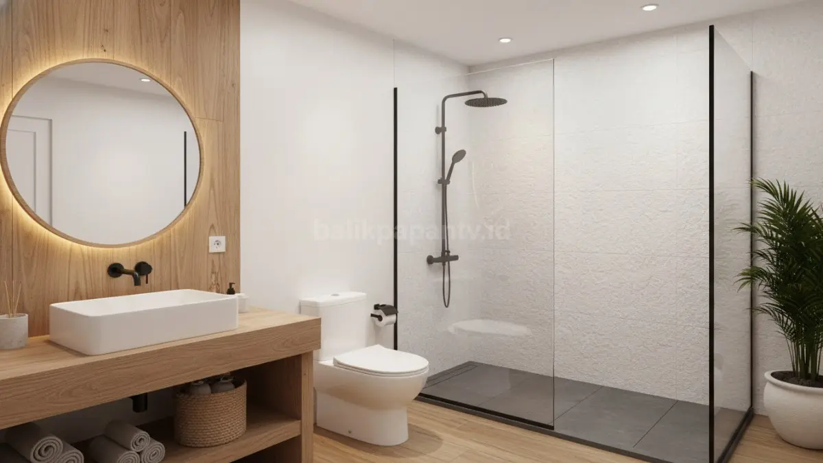 Sekat kaca bening menjaga kamar mandi tetap luas, rapi, modern, sekaligus memisahkan area basah dan kering.