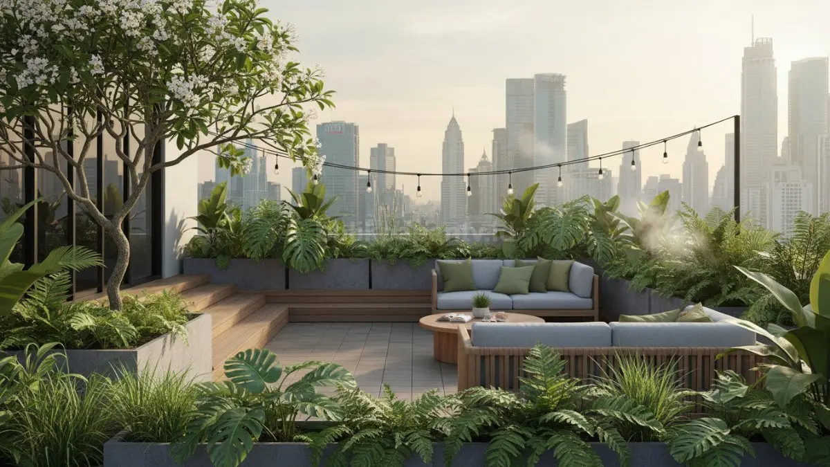 Sky Garden di atas gedung modern dengan area hijau dan aktivitas warga kota. (BTV/Ai)