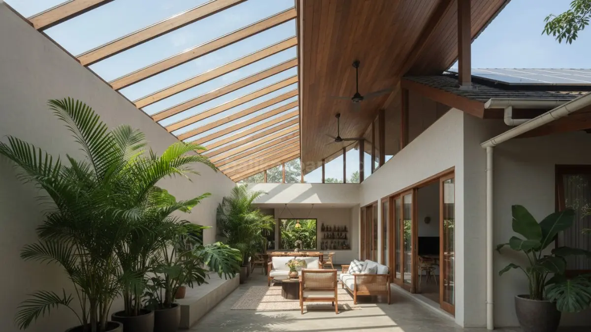 Skylight memanjang membantu cahaya pagi masuk lebih merata sehingga ruang terasa terang, hangat, dan hemat energi. (BTV/AI)
