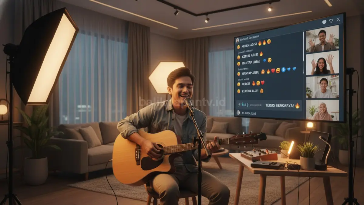 Suasana live streaming musik rumahan dengan pencahayaan hangat dan interaksi penonton aktif
