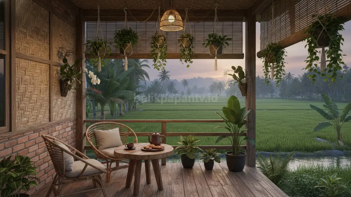 Sudut ngopi teras mungil terasa hangat, nyaman, estetik seperti villa pegunungan minimalis malam.