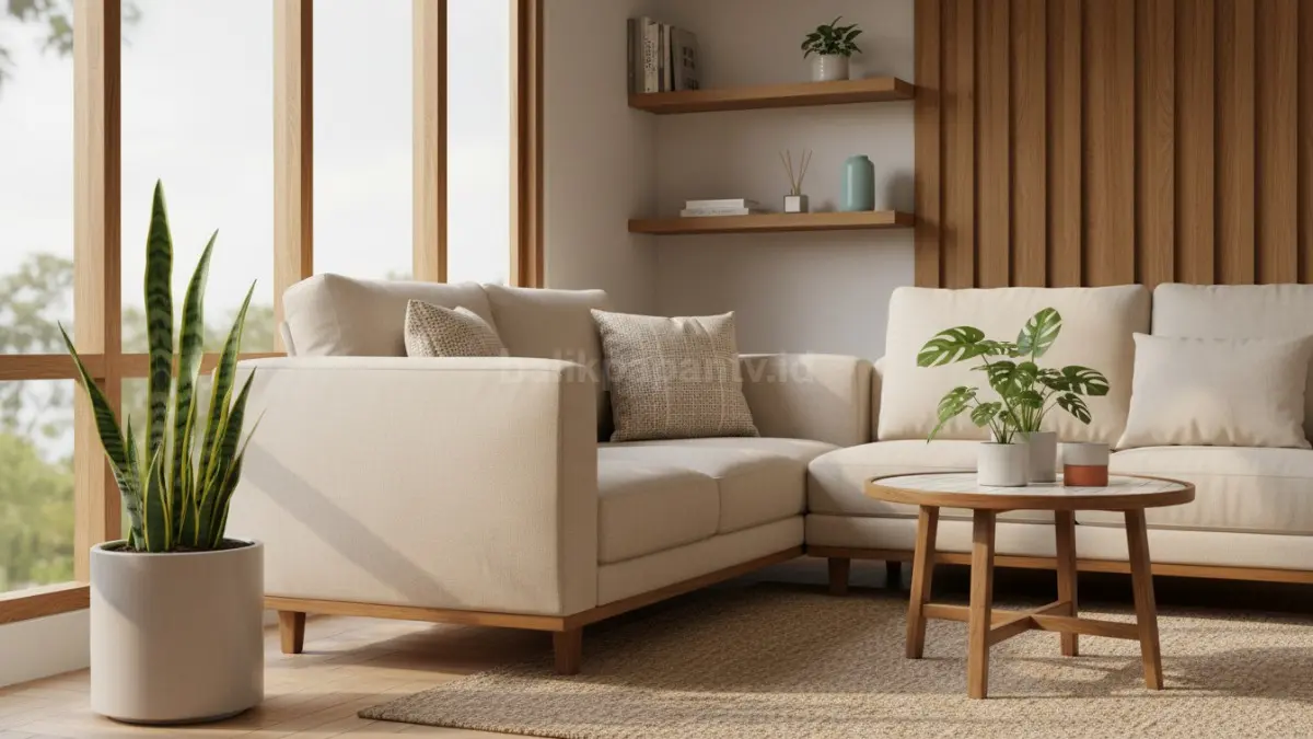 Sudut ruang tamu modern dengan monstera mini dan snake plant yang membuat rumah terasa segar dan estetik (BTV/Ai)