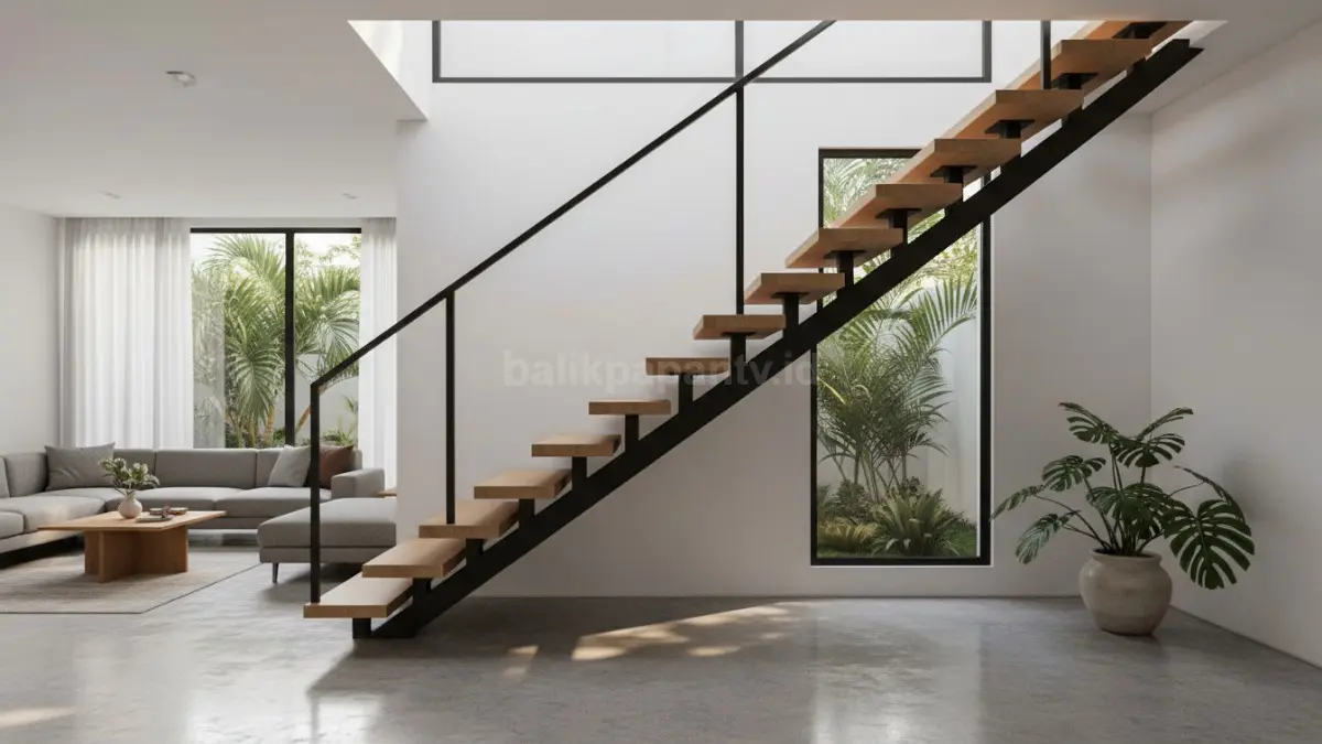 Tangga floating dengan pijakan melayang membuat rumah terlihat lebih modern, ringan, dan lapang. (BTV/Ai)