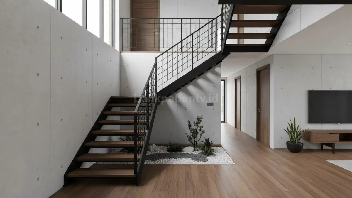 Tangga industrial hitam matte memberikan kesan kuat, modern, dan tegas pada interior rumah urban. (BTV/Ai)