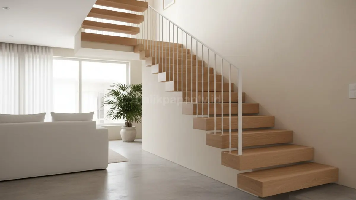 Tangga kayu natural dengan railing tipis memberikan kesan hangat, minimalis, dan elegan pada rumah modern. (BTV/Ai)