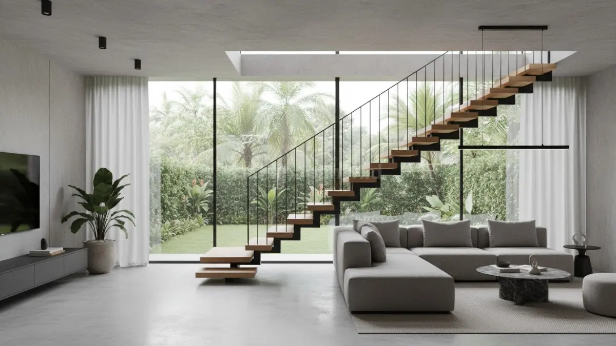 Tangga minimalis modern dengan railing hitam matte dan lampu LED hangat untuk interior rumah estetik 2026. (BTV/Ai)