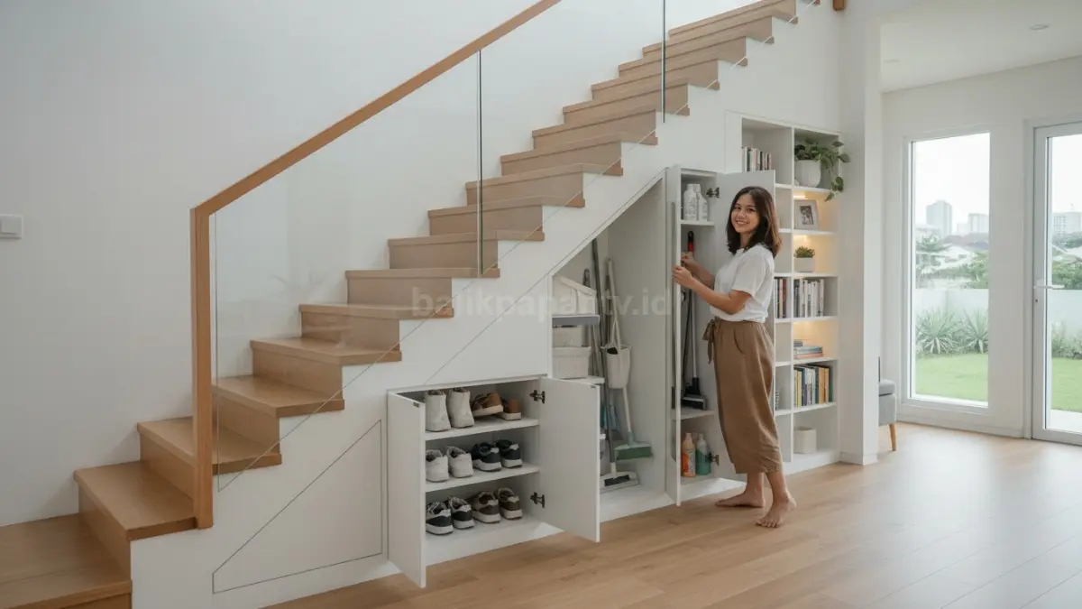 Tangga multifungsi dengan storage membuat ruang lebih efisien, rapi, dan tetap modern. (BTV/Ai)