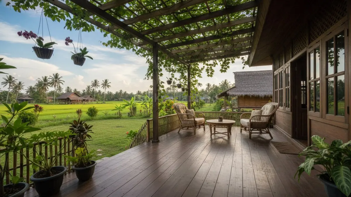 Teras kayu terbuka berpadu kursi rotan menghadirkan suasana resort sejuk, nyaman, cocok cuaca panas lembap Balikpapan.