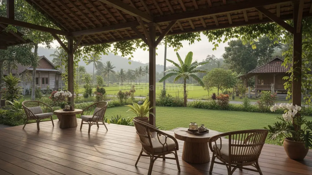 Teras kayu terbuka dengan kursi rotan menghadirkan suasana resort nyaman, sejuk, cocok untuk cuaca lembap tropis.