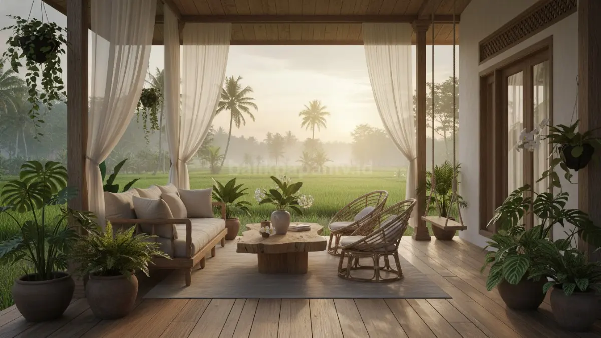 Teras rumah kampung bergaya villa dengan kursi rotan, tanaman tropis, dan pencahayaan hangat alami.
