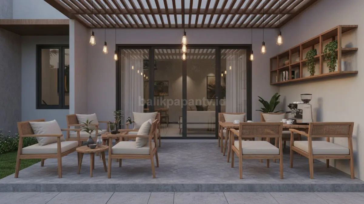 Teras rumah minimalis bergaya coffee shop dengan kursi kayu dan lampu hangat yang nyaman dipakai santai
