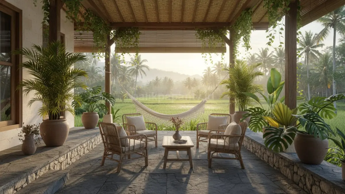 Teras tropis berpadu batu alam dan tanaman hijau, menghadirkan suasana adem ala vila Bali modern.