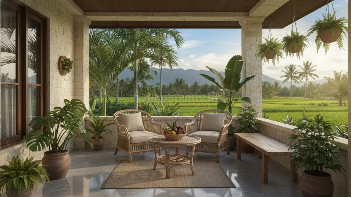 Teras tropis dengan batu alam dan tanaman rindang menciptakan suasana sejuk ala vila Bali modern.