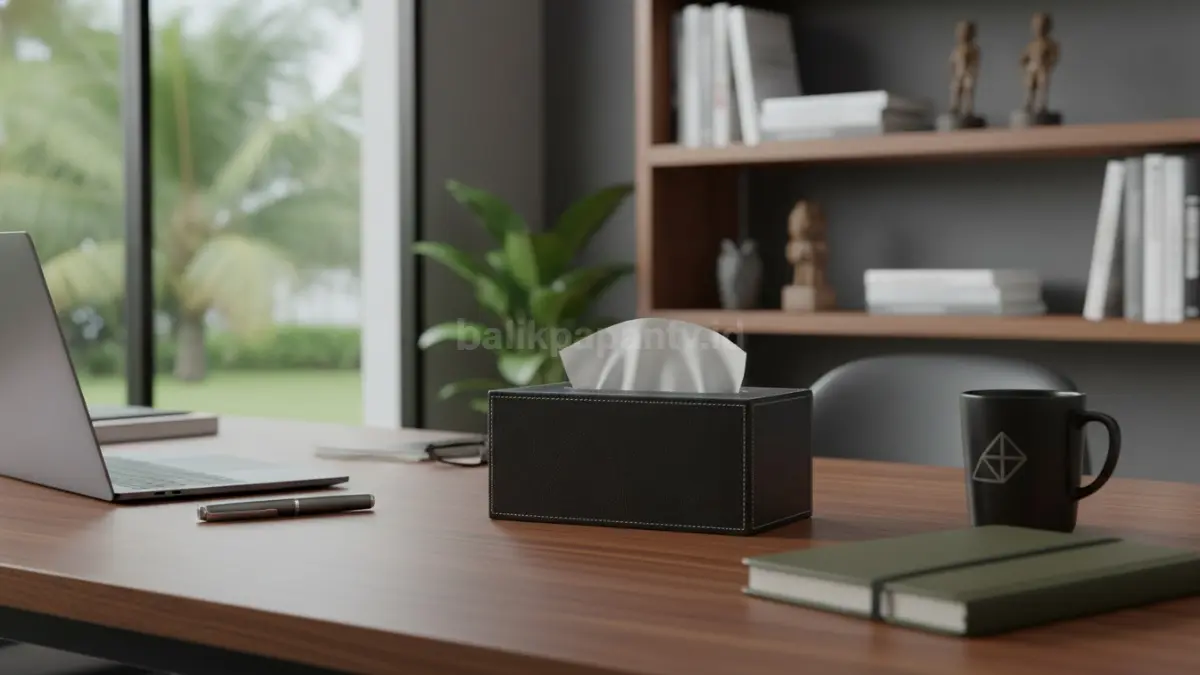 Tissue box kulit sintetis menghadirkan ruang kerja profesional, elegan, maskulin, rapi, dan modern tahan lama. (BTV/AI)

