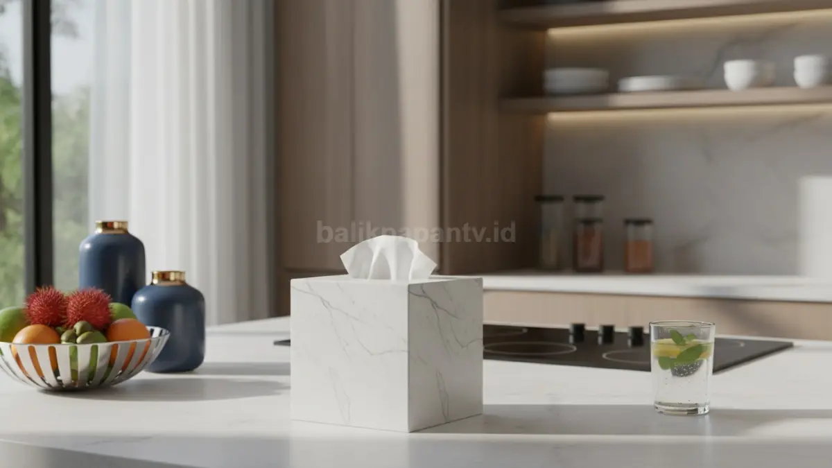 Tissue box marmer sintetis matte tampil elegan, modern, rapi, tahan noda, cocok untuk pantry minimalis. (bTV/AI)
