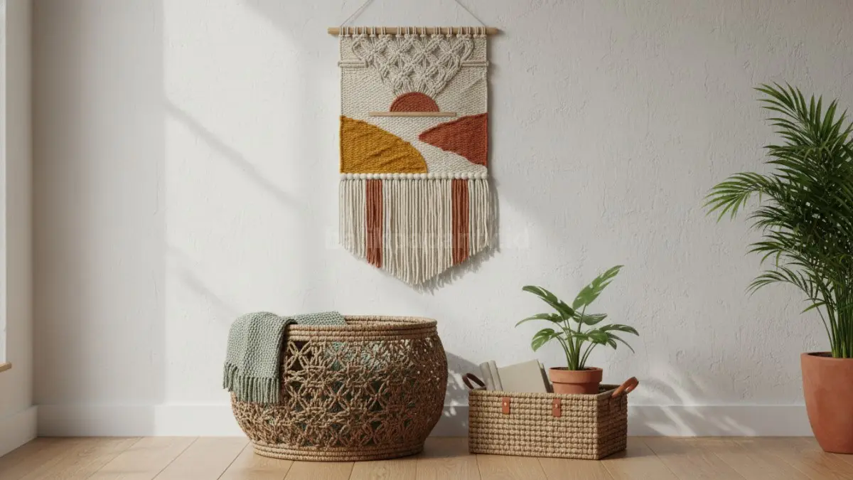 Wall hanging tekstil handmade menghadirkan ruang hangat, artistik, natural, dan aesthetic modern bernuansa organik minimalis. (BTV/AI)
