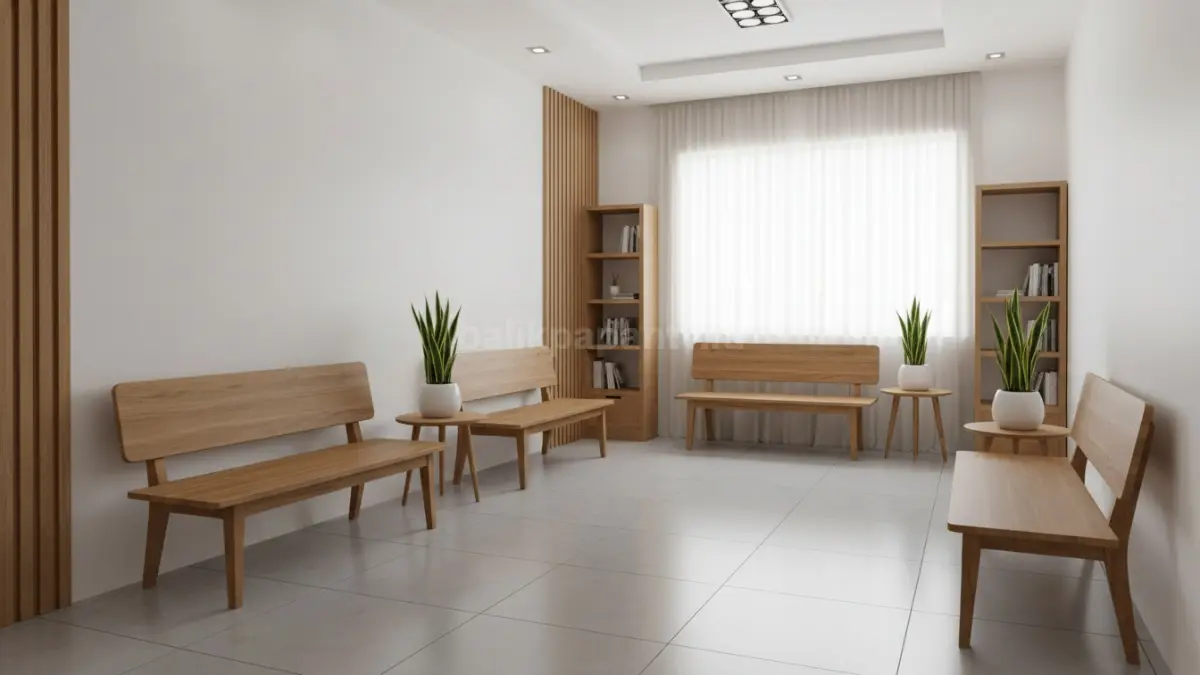 Bench kayu minimalis tanpa sandaran membuat ruang tunggu sempit terasa lega, modern, dan nyaman. (BTV/Ai)
