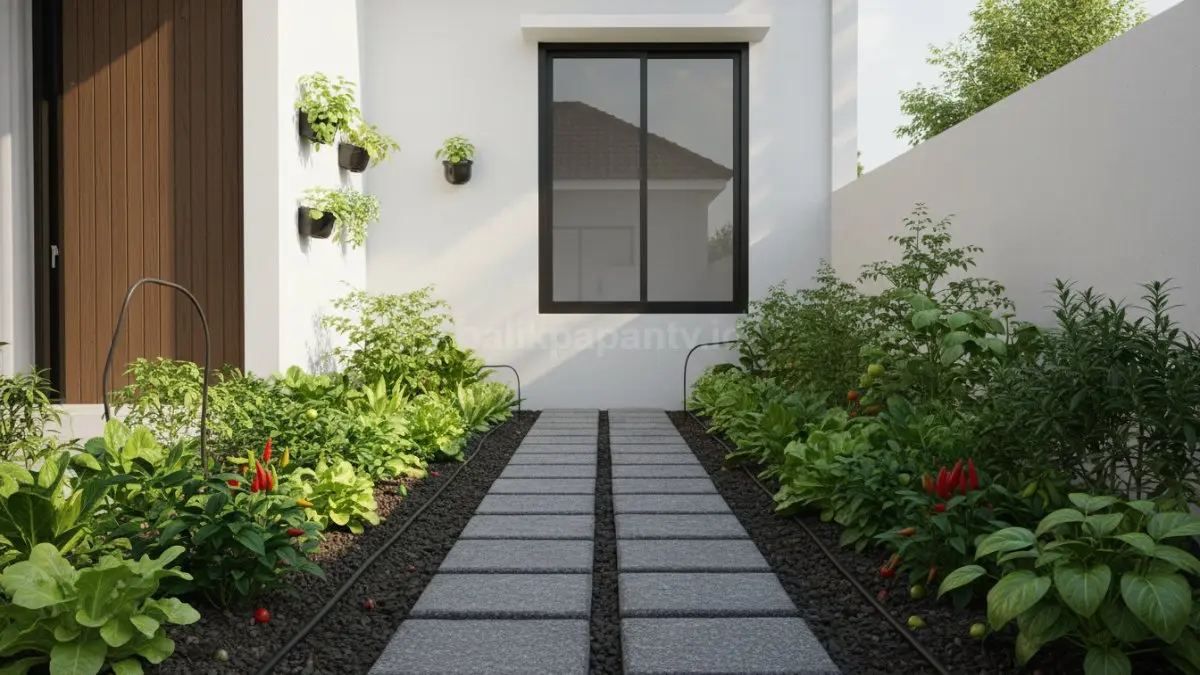 Kebun jalur dua sisi dengan batu pijakan rapi mempercantik rumah minimalis modern estetik fungsional (BTV/Ai)
