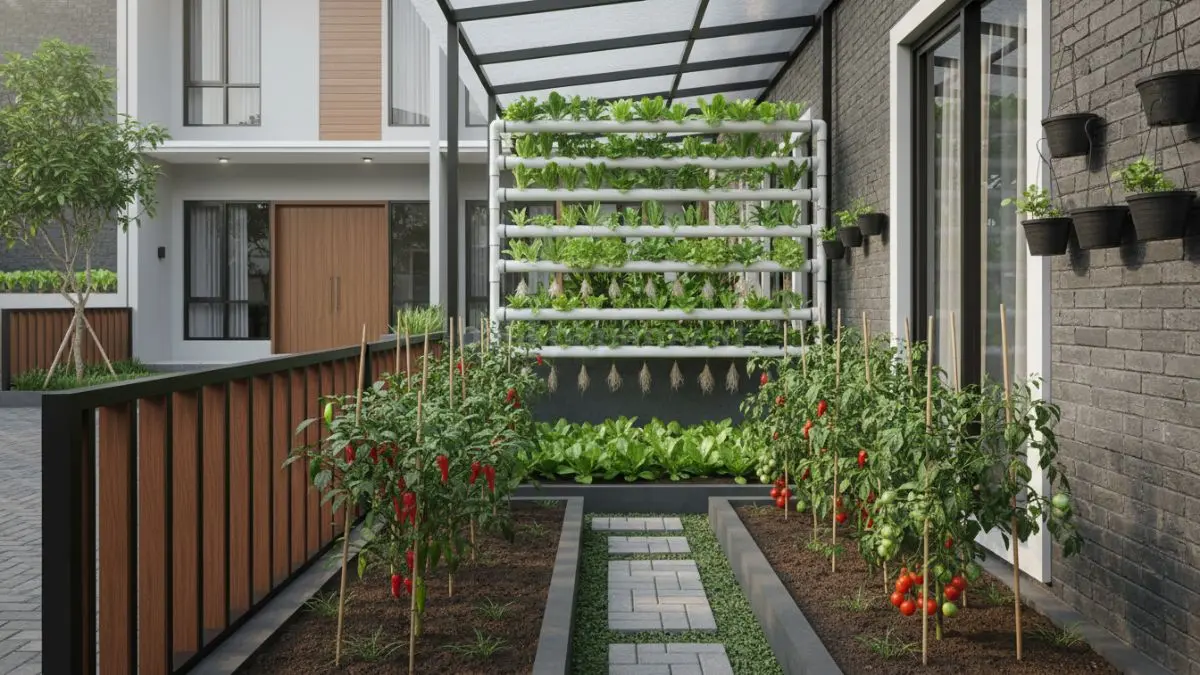 Kombinasi hidroponik dan tanah langsung menciptakan kebun rumah efisien, rapi, hemat air dan produktif modern (BTV/Ai)
