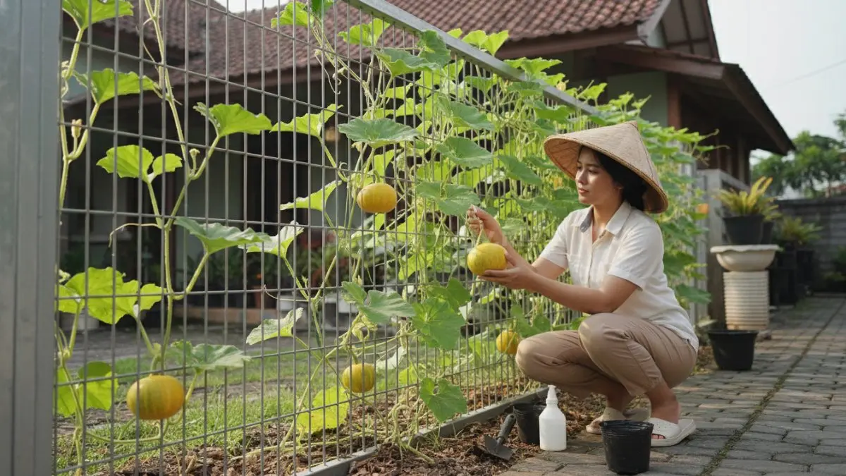 Labu madu mini merambat di pagar galvanis kokoh, menghasilkan buah menarik dengan nilai jual stabil.