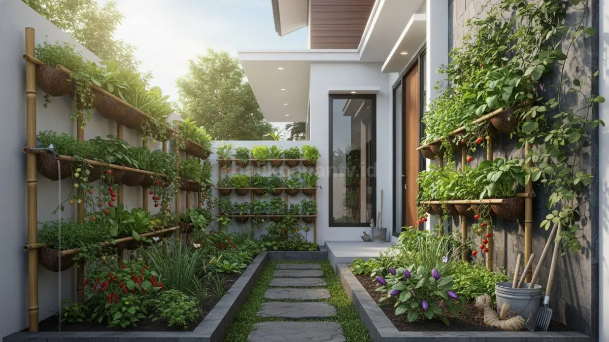 Model kebun sayur minimalis 2x7 meter di samping rumah dengan rak vertikal dan jalur pijakan modern