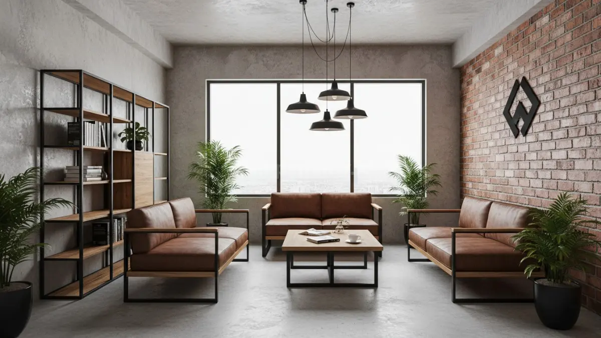 Model ruang tunggu kantor 3x4 meter minimalis modern Model Industrial dengan sofa compact dan pencahayaan hangat