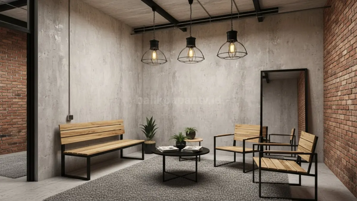 Model ruang tunggu kantor bergaya industrial ringkas dengan besi hitam, kayu natural, dan lampu gantung. (BTV/Ai)
