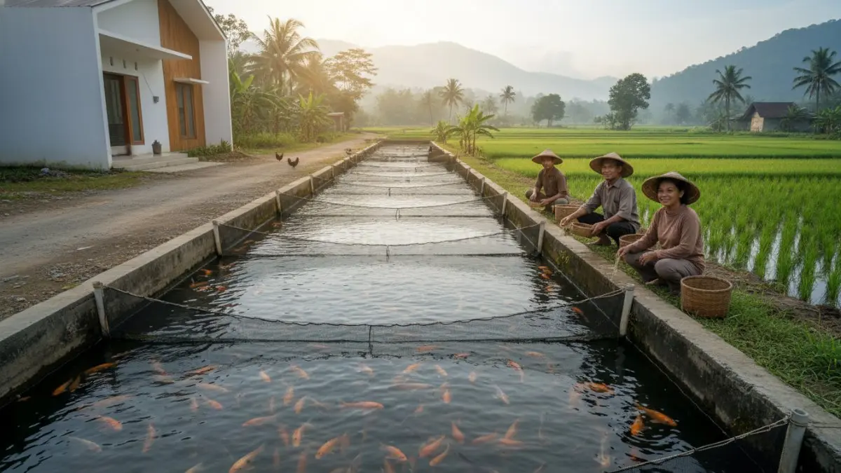 Parit bertingkat dengan pembatas jaring memudahkan pemeliharaan ikan berbeda ukuran untuk panen bertahap efisien.