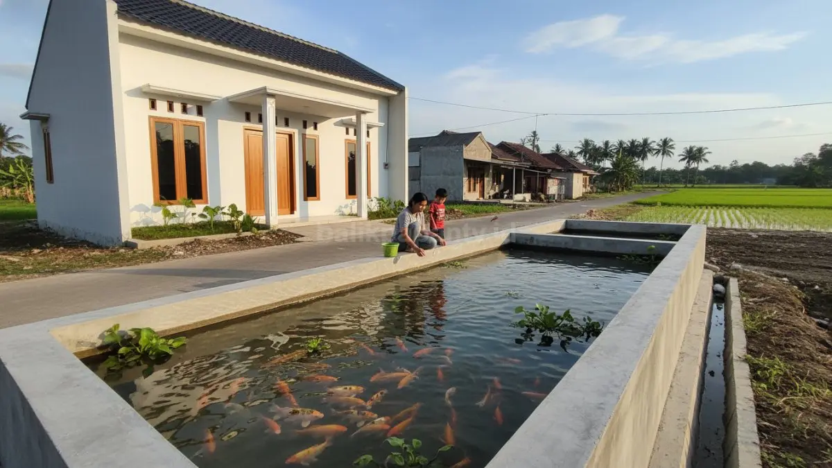 Parit beton minimalis depan rumah desa modern, rapi, mudah dibersihkan, menjaga suhu air tetap stabil. (BTV/Ai)