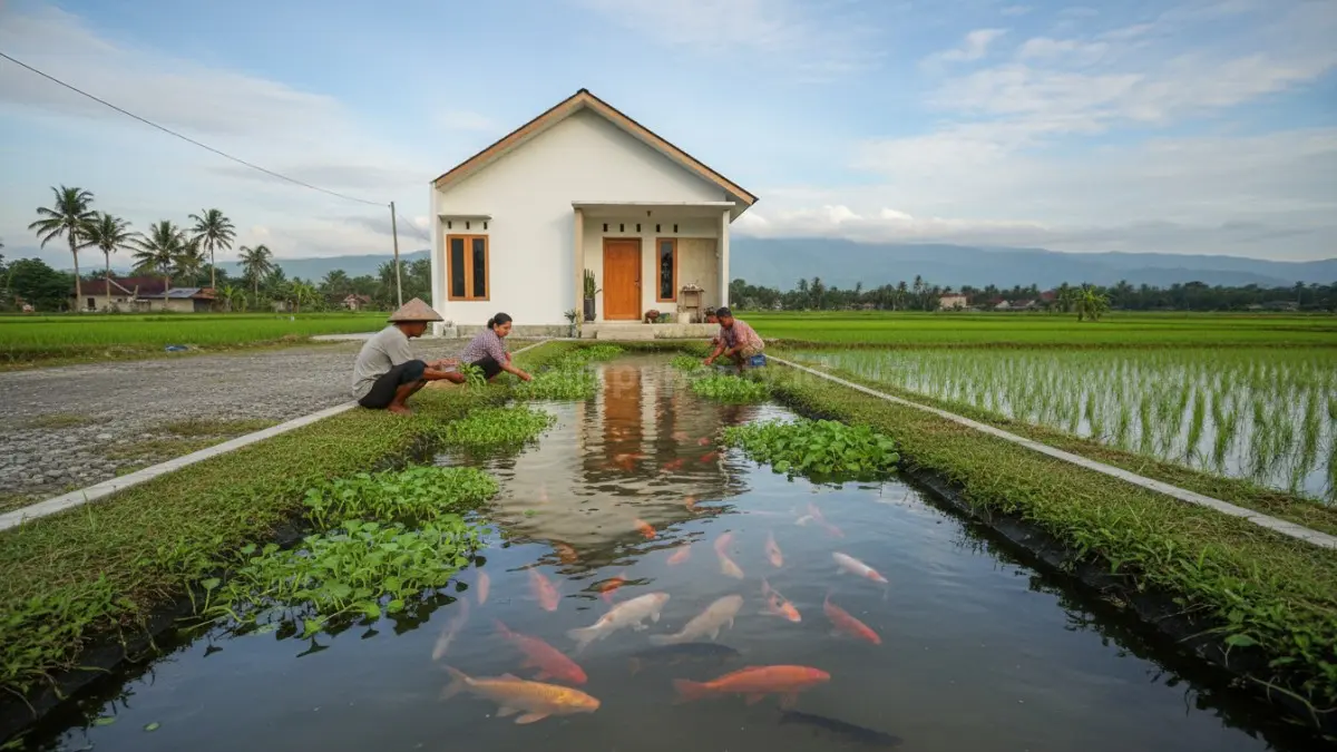 Parit desa dimanfaatkan untuk budidaya ikan sekaligus menanam kangkung, menciptakan aquaponik sederhana dan produktif.
