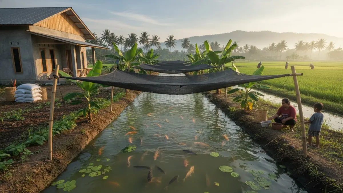 Parit tanah tradisional bernaungan pohon pisang menjaga budidaya ikan tetap teduh, murah, dan efektif. (BTV/Ai)
