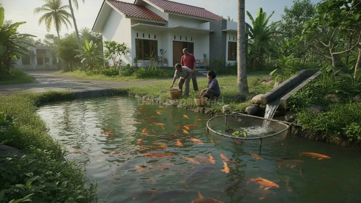 Parit terintegrasi pembuangan air hujan dimanfaatkan sebagai kolam ikan mas dengan saringan sampah pelindung.
