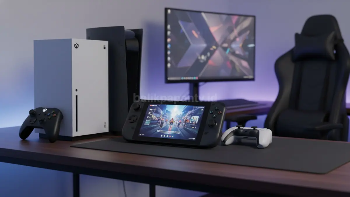 Perbandingan Xbox Series S dengan PS5 bekas dan Steam Deck di meja gaming minimalis (BTV/Ai)