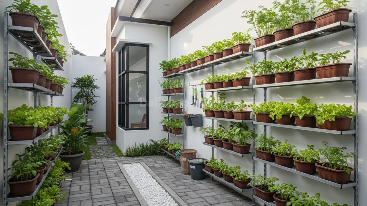Rak vertikal bertingkat memaksimalkan dinding samping rumah untuk tanaman sayuran ringan hemat ruang modern efisien (BTV/Ai)
