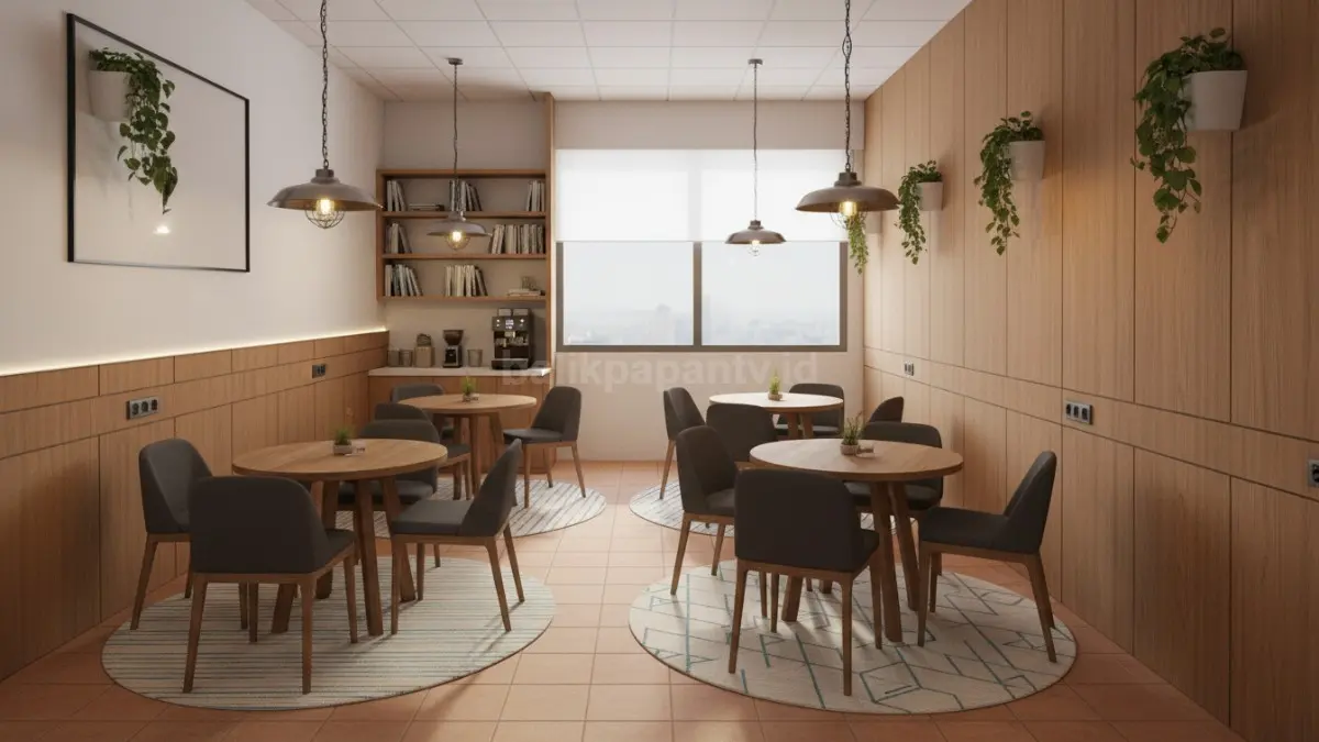 Ruang tunggu semi cafe dengan meja compact menghadirkan suasana santai, modern, nyaman, dan profesional. (BTV/Ai)
