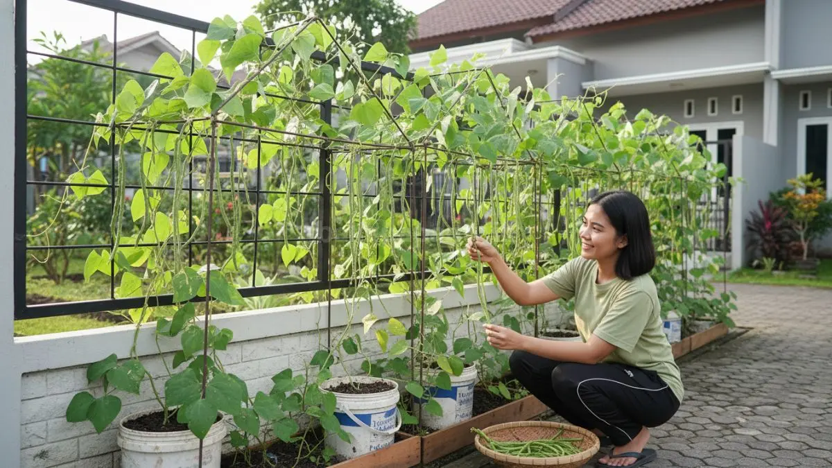 Tanaman kacang panjang rambat tumbuh subur di pagar rumah kecil, hemat lahan dan mudah dipanen.