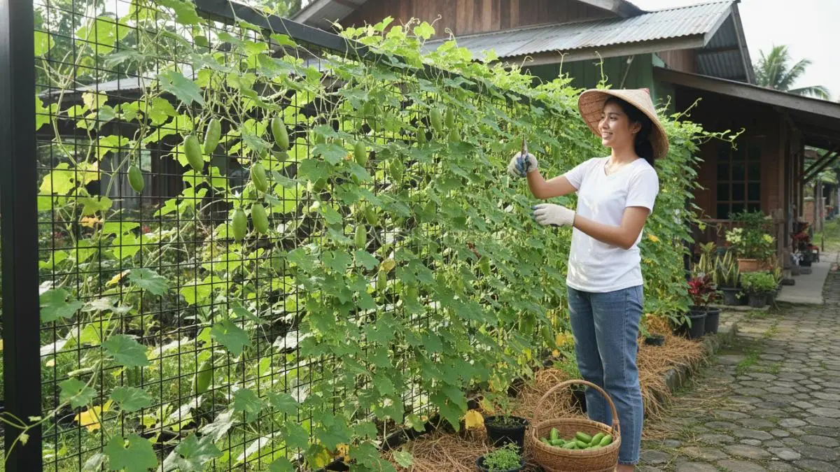 Tanaman pare mini merambat rapi di pagar besi vertikal, produktif berbuah lebat pada lahan sempit.
