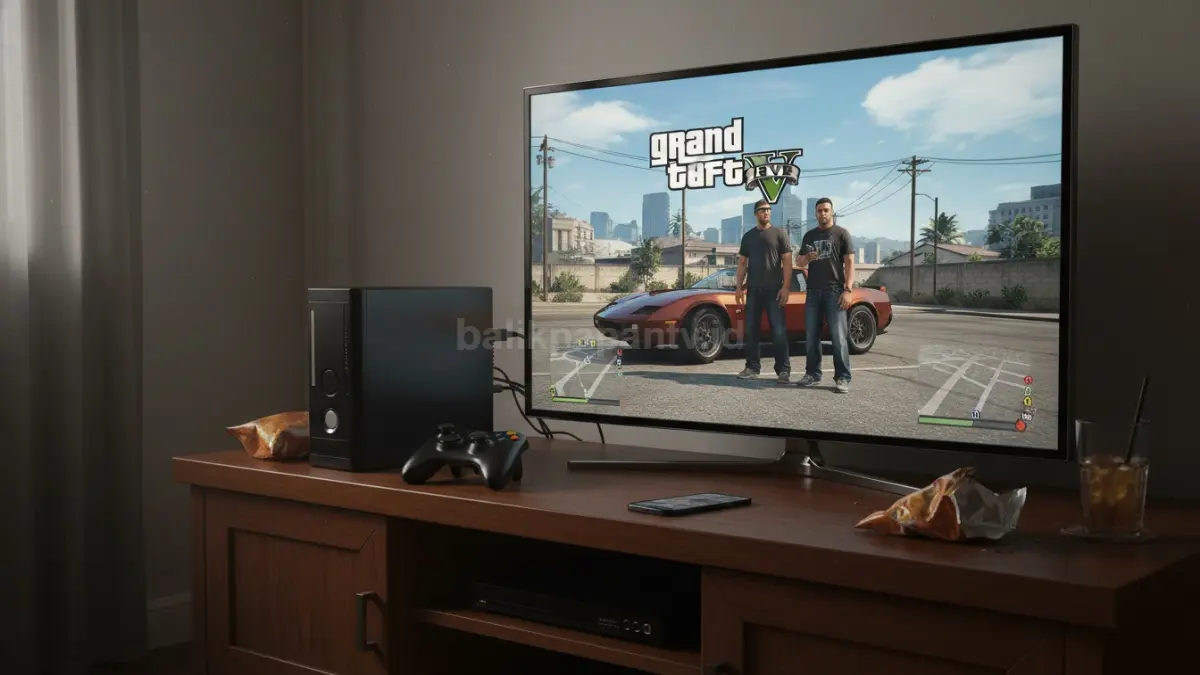 Xbox 360 Slim RGH dengan controller original dan tampilan game GTA V di TV Full HD masih menarik gamer budget (BTV/Ai)