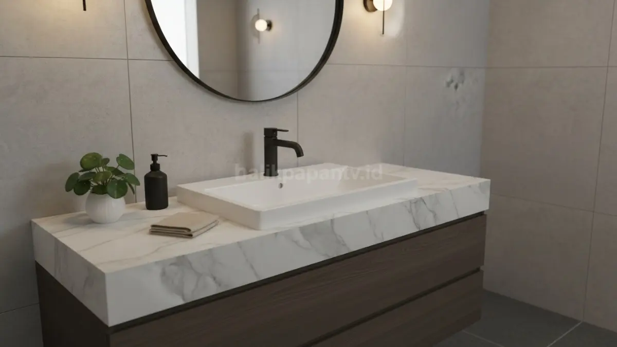 Kran air wastafel modern warna matte black pada kamar mandi minimalis dengan nuansa elegan dan pencahayaan hangat