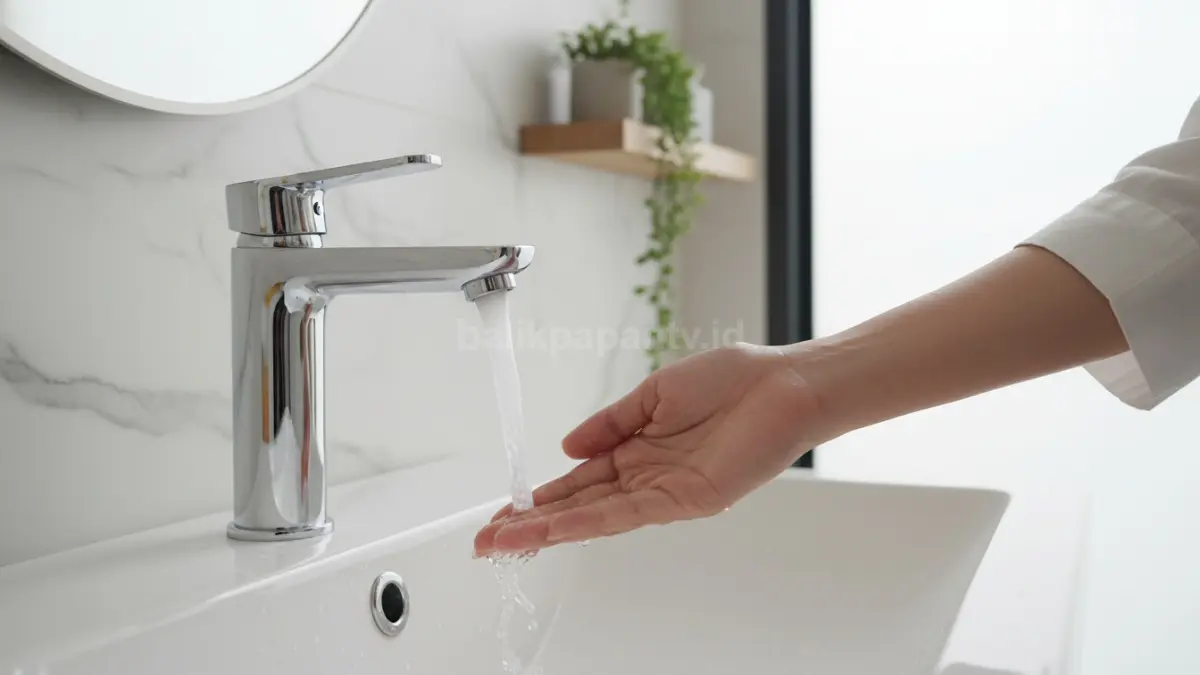 Kran sensor otomatis berbasis inframerah menghadirkan kebersihan, kenyamanan, dan efisiensi penggunaan air di rumah. (BTV/Ai)
