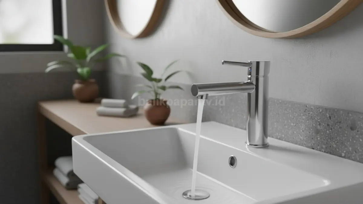 Kran single lever minimalis menghadirkan desain modern dengan pengaturan suhu dan debit praktis sekaligus. (BTV/Ai)
